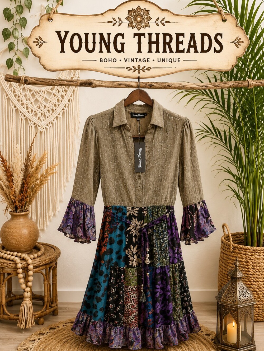 170 Young Threads Women's Boho Patchwork Tunic Dress in Olive & Purple